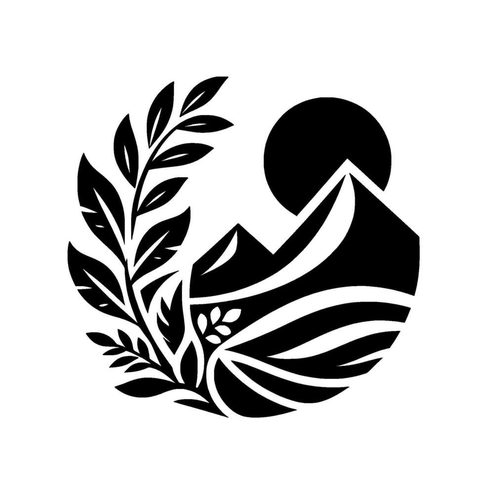 Elegant black white emblem mountains, sun, and leafy branches in a minimalist, symbolic circular composition. vector