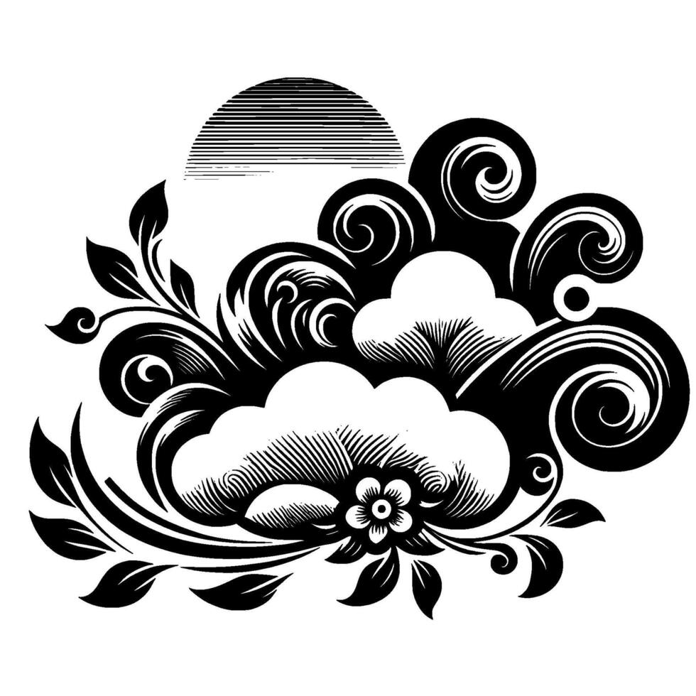 Elegant black and white engraving flowing swirls of clouds, floral sprays, and a lined sun in decorative design. vector