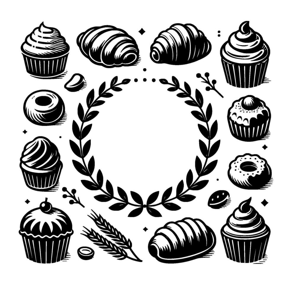 Black and white bakery illustration with cupcakes, croissants, donuts, laurel wreath, wheat, and ornate details. vector