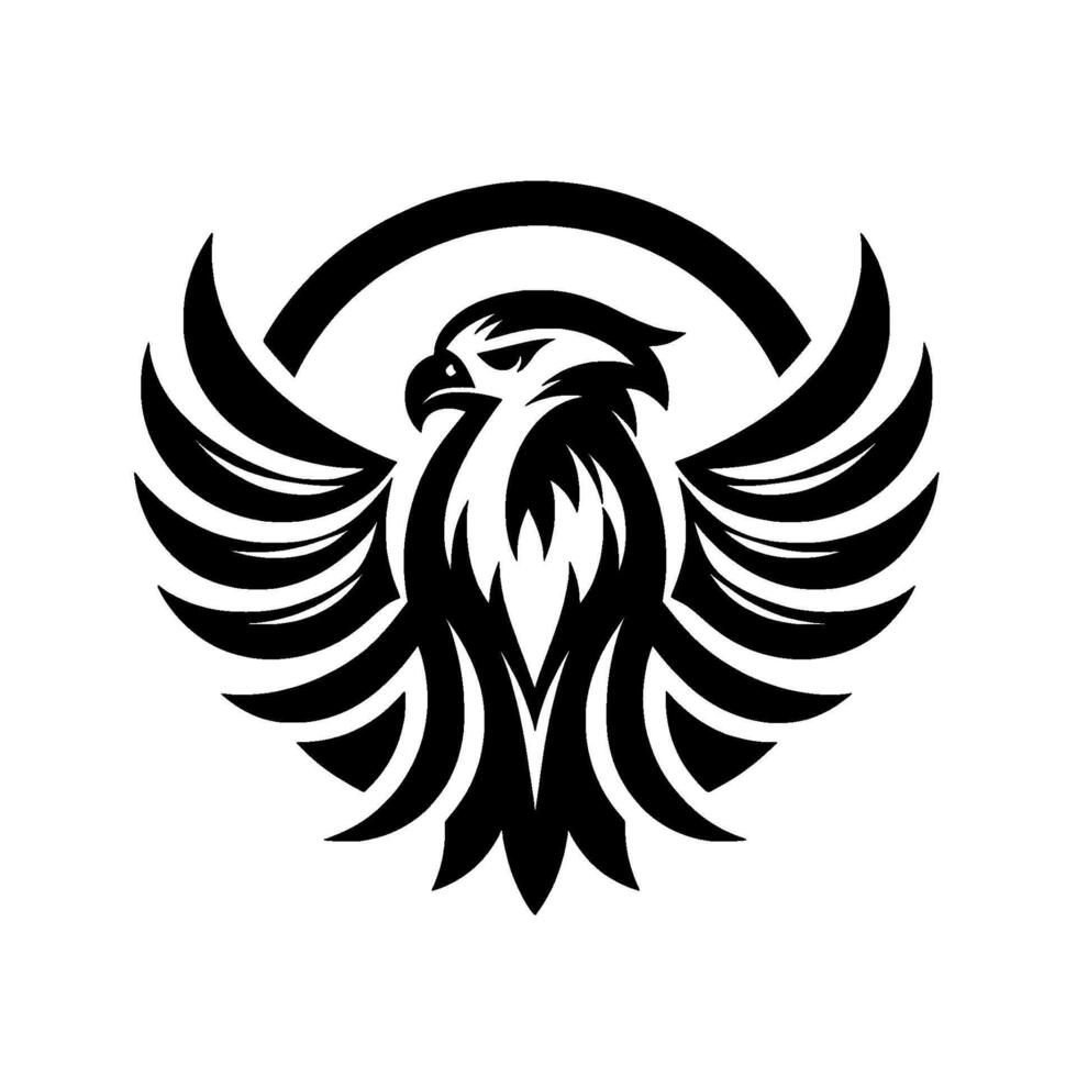 Majestic black and white hawk emblem with outstretched wings and circular halo on a clean white backdrop. vector