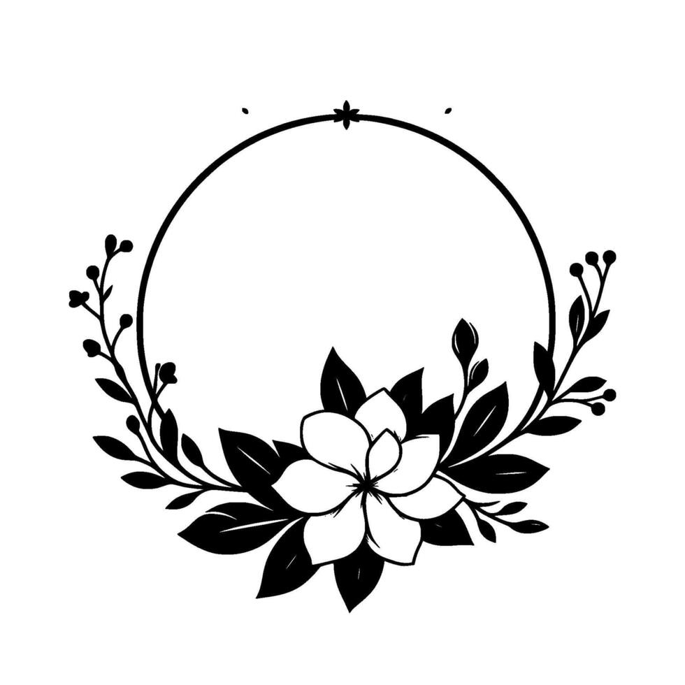 Elegant black and white floral wreath a circular arrangement featuring a large white flower, leaves, and buds, framed by a minimalist circle, perfect for invitations. vector