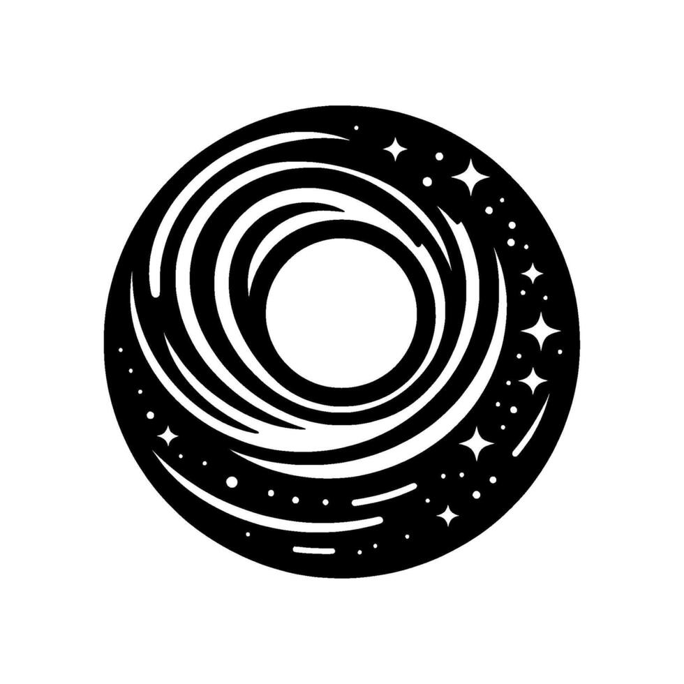 Black and white circular featuring swirling lines, a central void, and scattered stars, evoking a sense of cosmic mystery. vector