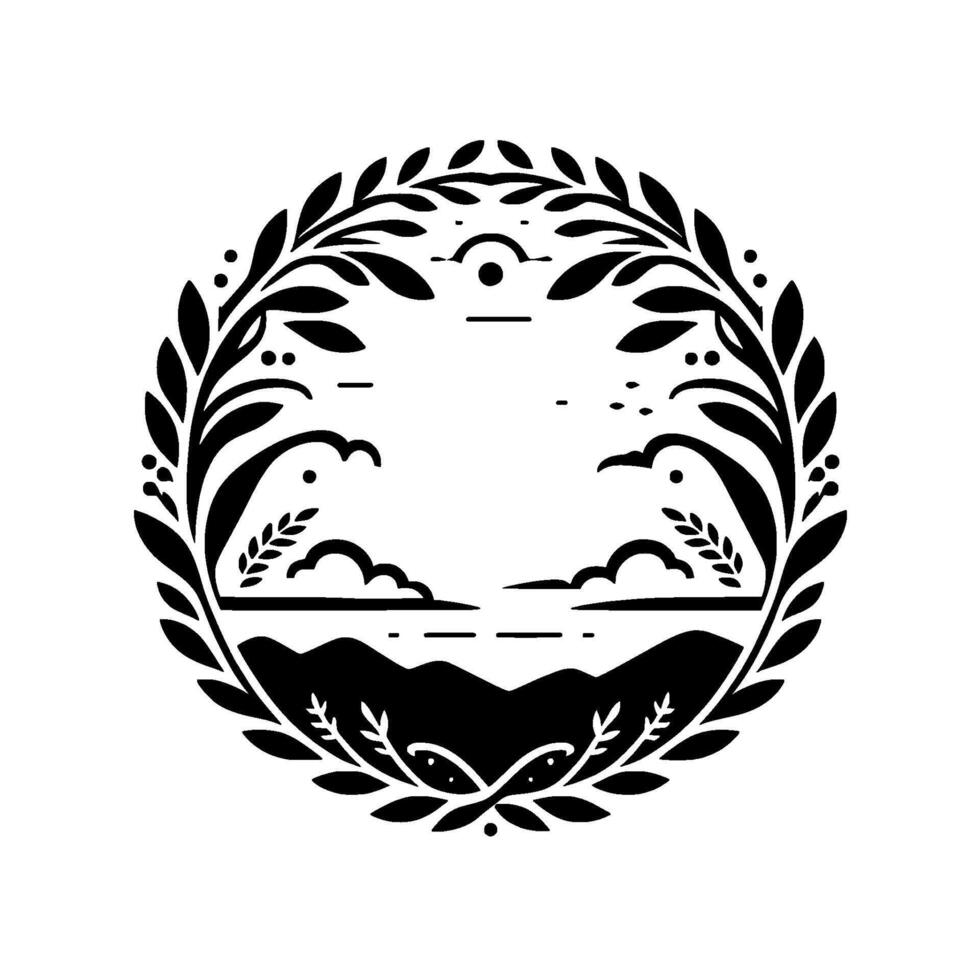 Circular black and white silhouette of coastal landscape with mountains, waves, clouds, and foliage border. vector
