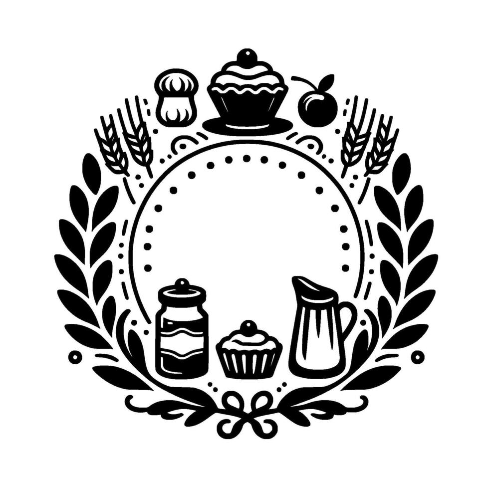 Black white bakery crest cupcakes, jar, pitcher, cherry, wheat, floral wreath inside circle vector