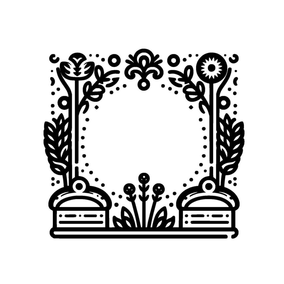 Intricate floral frame with symmetrical arrangement, featuring diverse botanicals and decorative elements in monochrome. vector