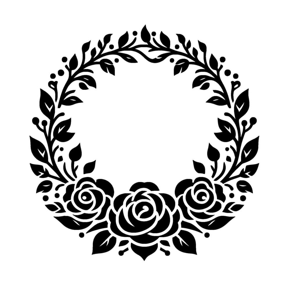 Black and white floral wreath rose and leafy branch silhouette with elegant simplicity. vector
