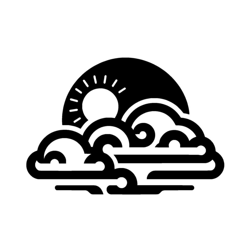 A stylized black and white depicting the sun partially obscured by layered, stylized clouds. vector