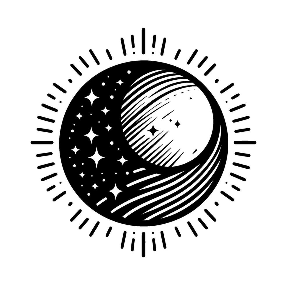Black and white celestial emblem featuring a crescent moon, stars, and radiant sunburst elements, stylized in a vintage tattoo art design. vector