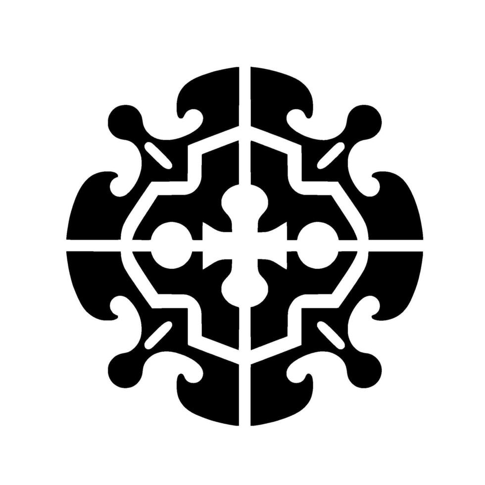 Symmetrical, bold black and white featuring a crosslike central pattern with ornate, symmetrical florallike motifs. vector