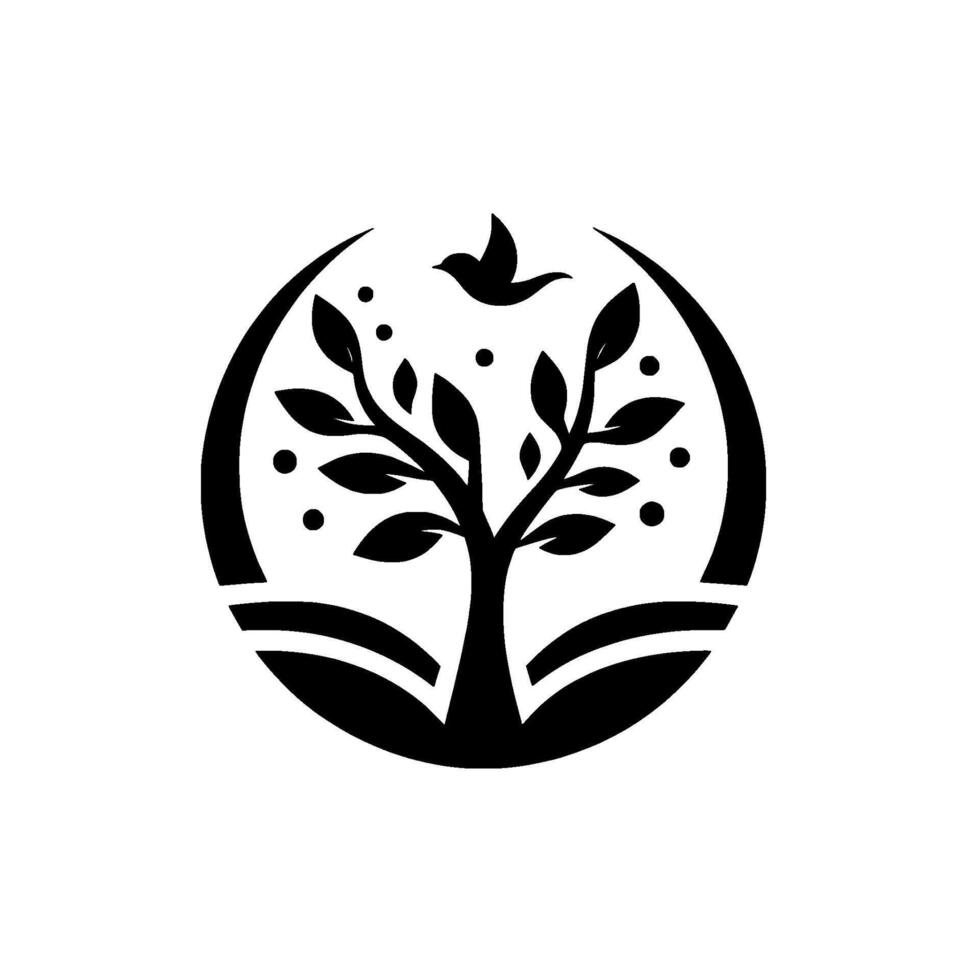 Monochromatic emblem a stylized tree with leaves and dots inside a circular frame, a bird perched above. vector
