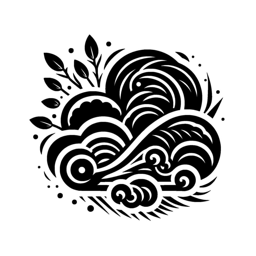 Black and white abstract design a stylized nature composition, waves and leaves, minimalist art. vector