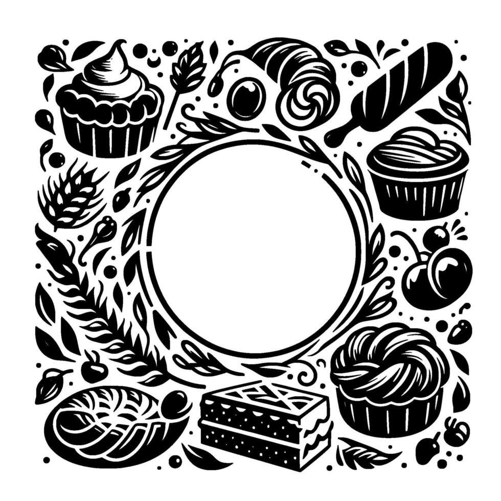 Black and white circular frame bordered by pastries, plants, and berries, for a bakery or food themed design. vector