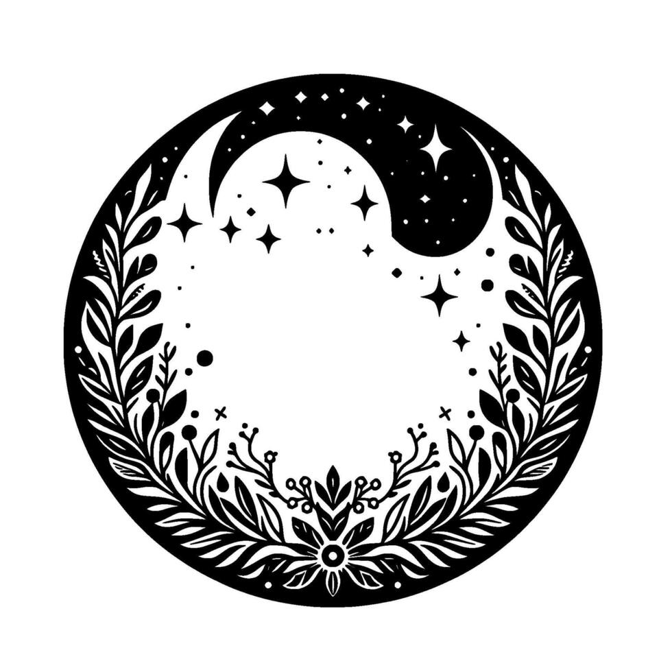 Celestial circle crescent moon, stars, and botanical wreath in black and white, aesthetic design. vector