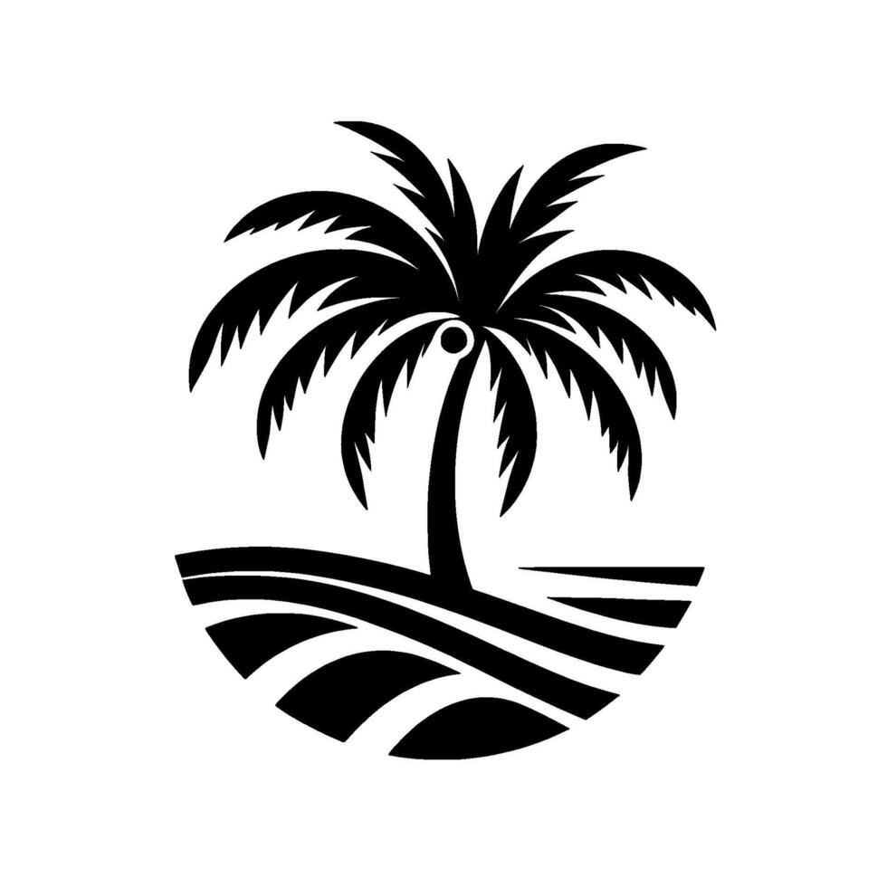 Stylized black palm tree silhouette atop grassy mounds, artistic, isolated on white background, design. vector