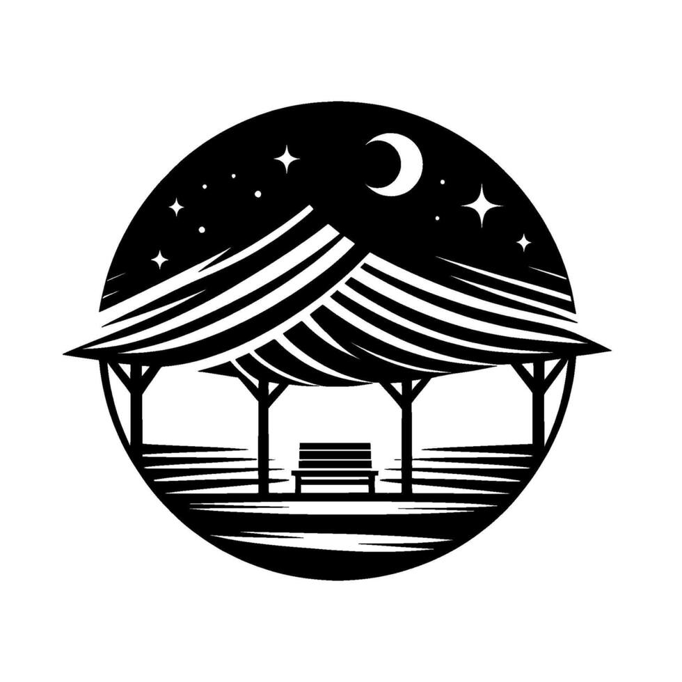 Serene night scene of a park gazebo featuring a bench under a striped roof, crescent moon and stars within a circular frame. vector