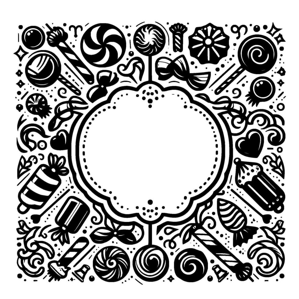 Whimsical black white candy frame with lollipops, swirls, and hearts, perfect for sweet treats and celebrations. vector