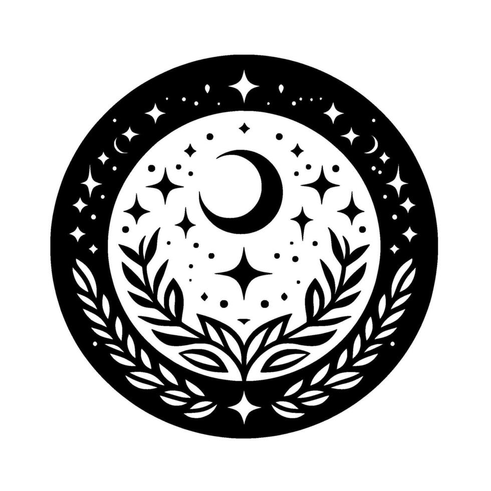 Celestial emblem a black and white circular featuring a crescent moon, stars, and floral elements, evoking mystery and nature. vector