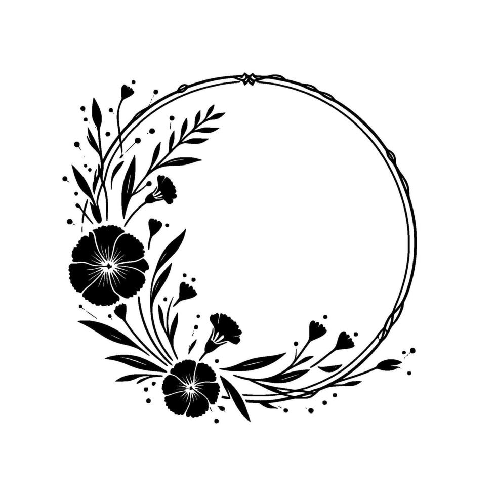Elegant black floral wreath illustration, centered by a circle, featuring detailed flower petals and delicate foliage, on white background. vector