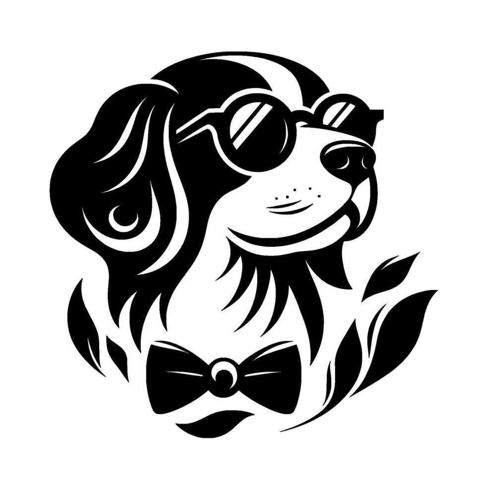 Stylish monochrome illustration of a cool dog wearing sunglasses and a bowtie, with a sophisticated and modern design. vector