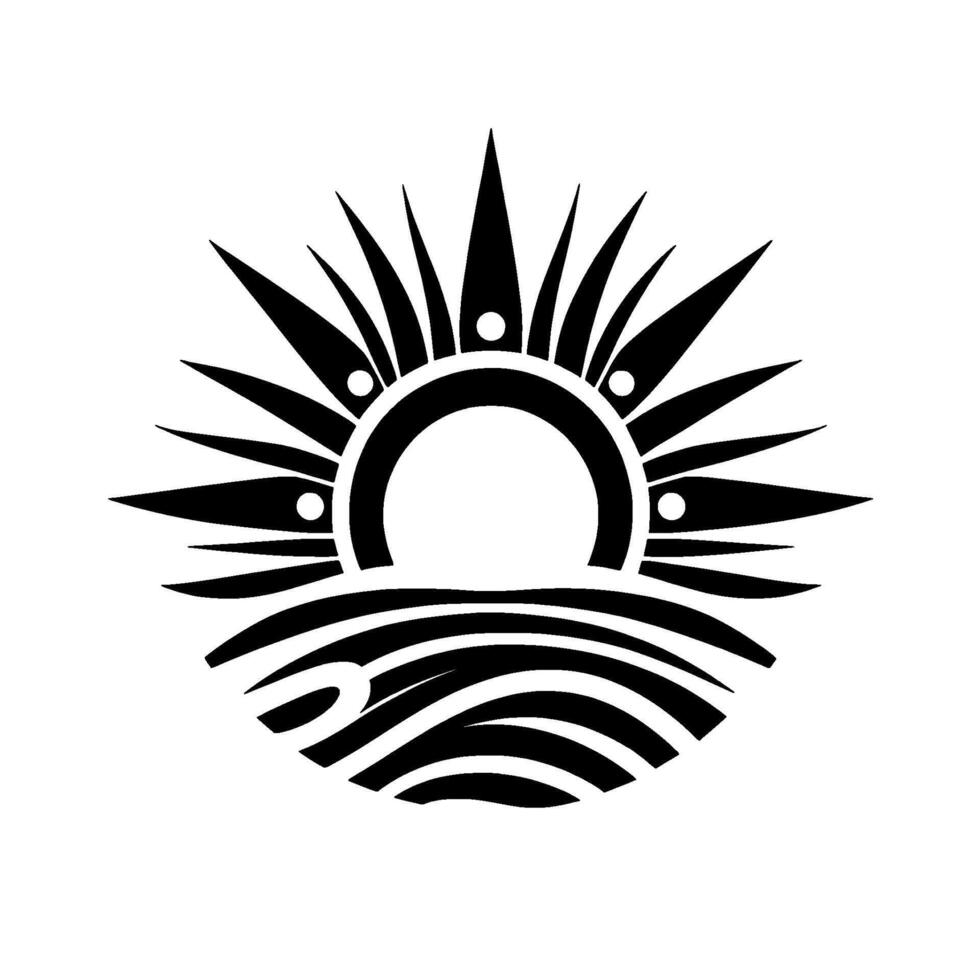 Stylized black and white illustration rising sun over wavy lines, for iconography and symbolism. vector