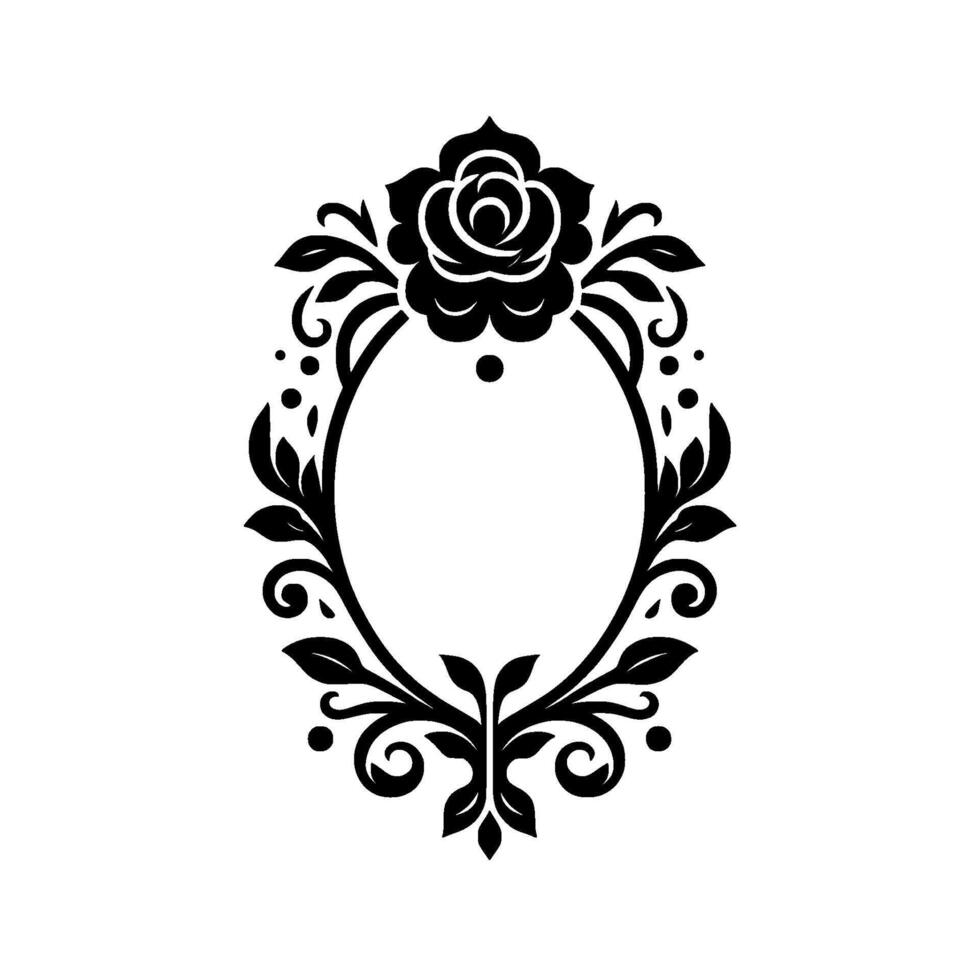 Ornate black and white oval frame, featuring a rose and floral embellishments, decorative vector