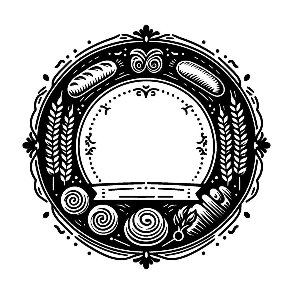 Ornate, black and white bakerythemed illustration circle frame with baked goods, wheat, floral accents, and an open center for text. vector