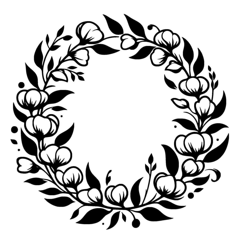 Elegant black and white floral wreath illustration with detailed blossoms, leaves, and foliage, minimalist on white background. vector