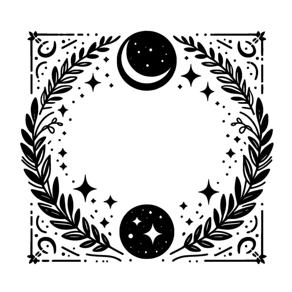 Mystical celestial wreath illustration moon, stars, foliage, and geometric elements in black and white. vector