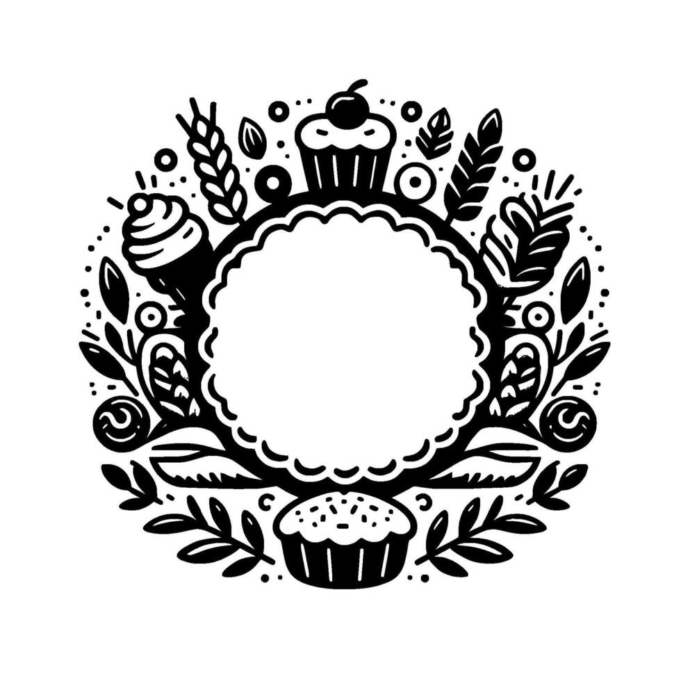 Whimsical monochrome circular bakery illustration cupcakes, wheat, leaves, and blank center vector