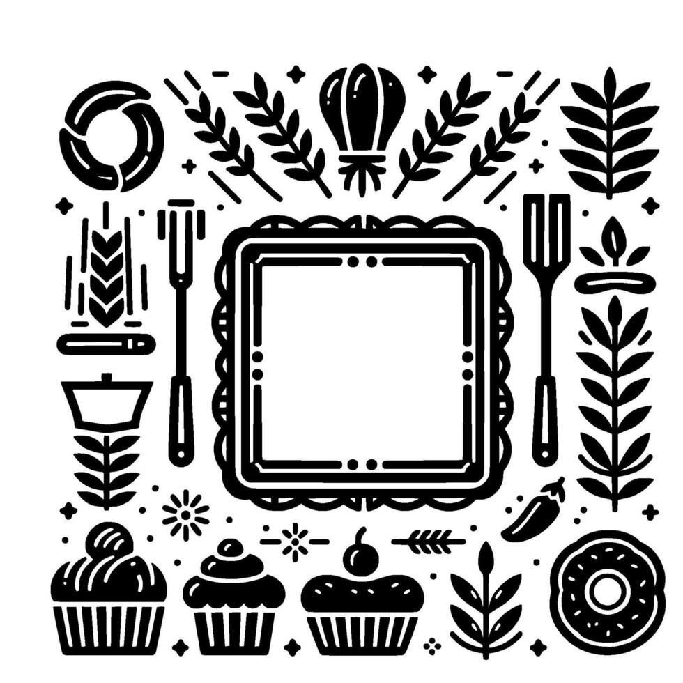 Monochromatic culinary frame baked goods, utensils floral elements bordering a blank square. vector