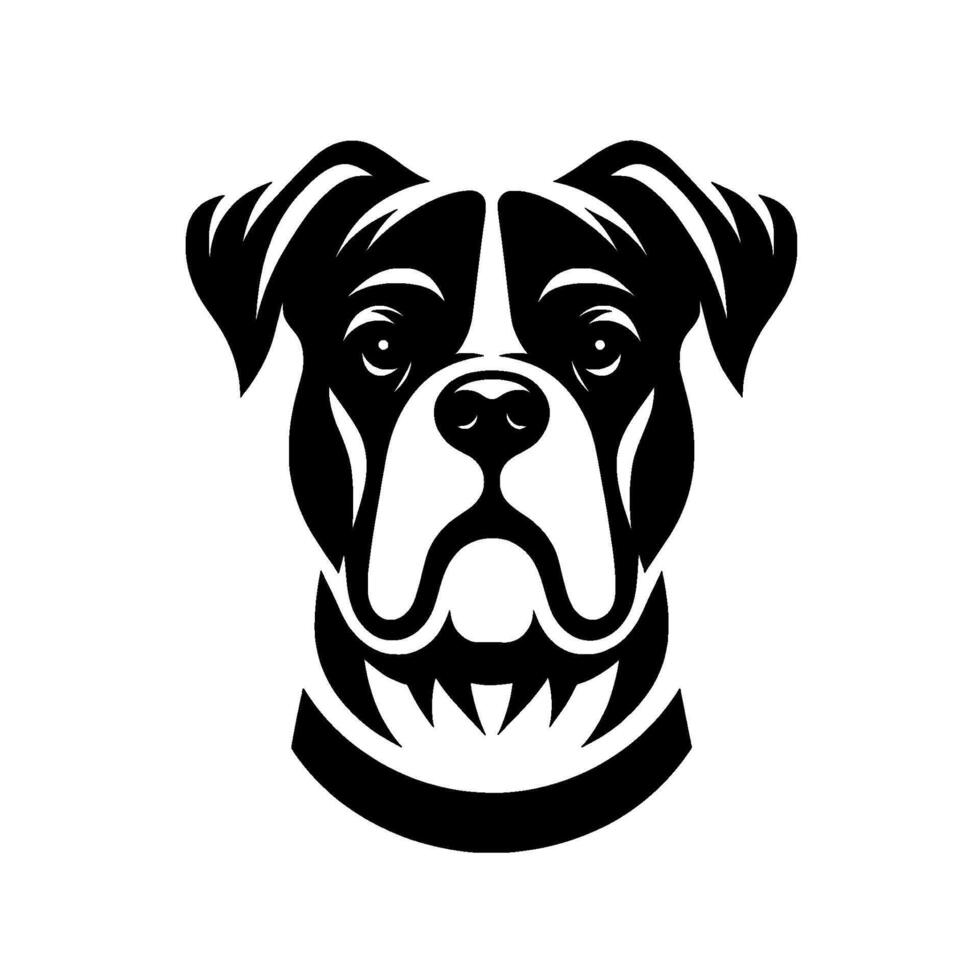 Bold black and white boxer dog head portrait, minimalist design, illustration, isolated on white background, pet breed icon. vector