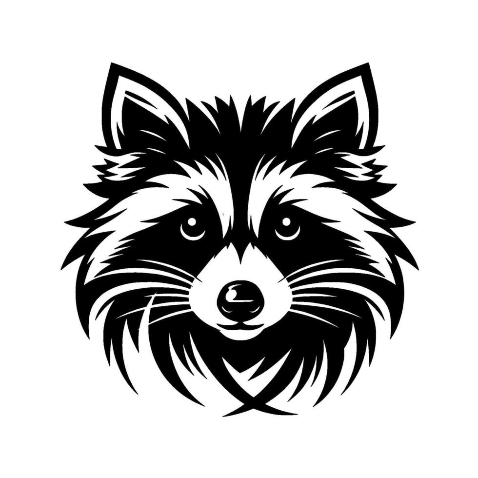 Black and white illustration of a raccoons face, featuring detailed fur textures and expressive eyes, on a clean white background. vector