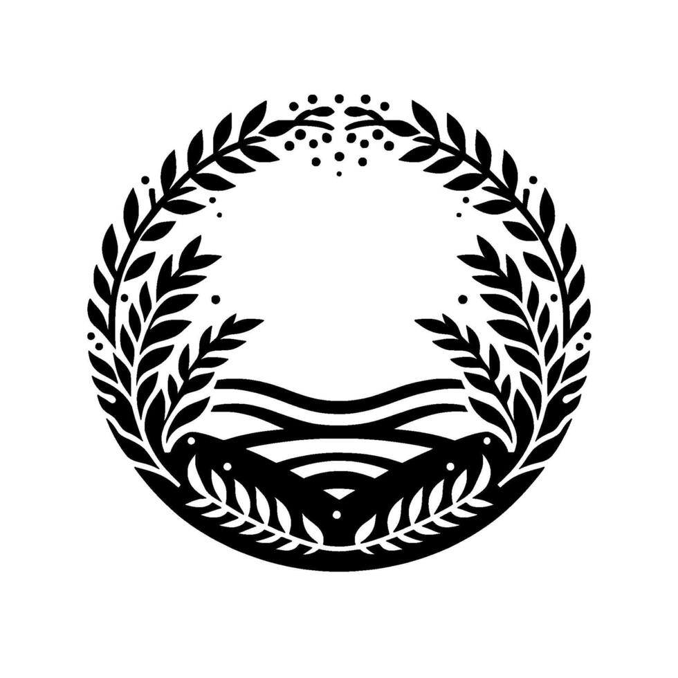 Minimalist black and white circular emblem featuring laurel wreath framing a stylized landscape and dot accents. vector