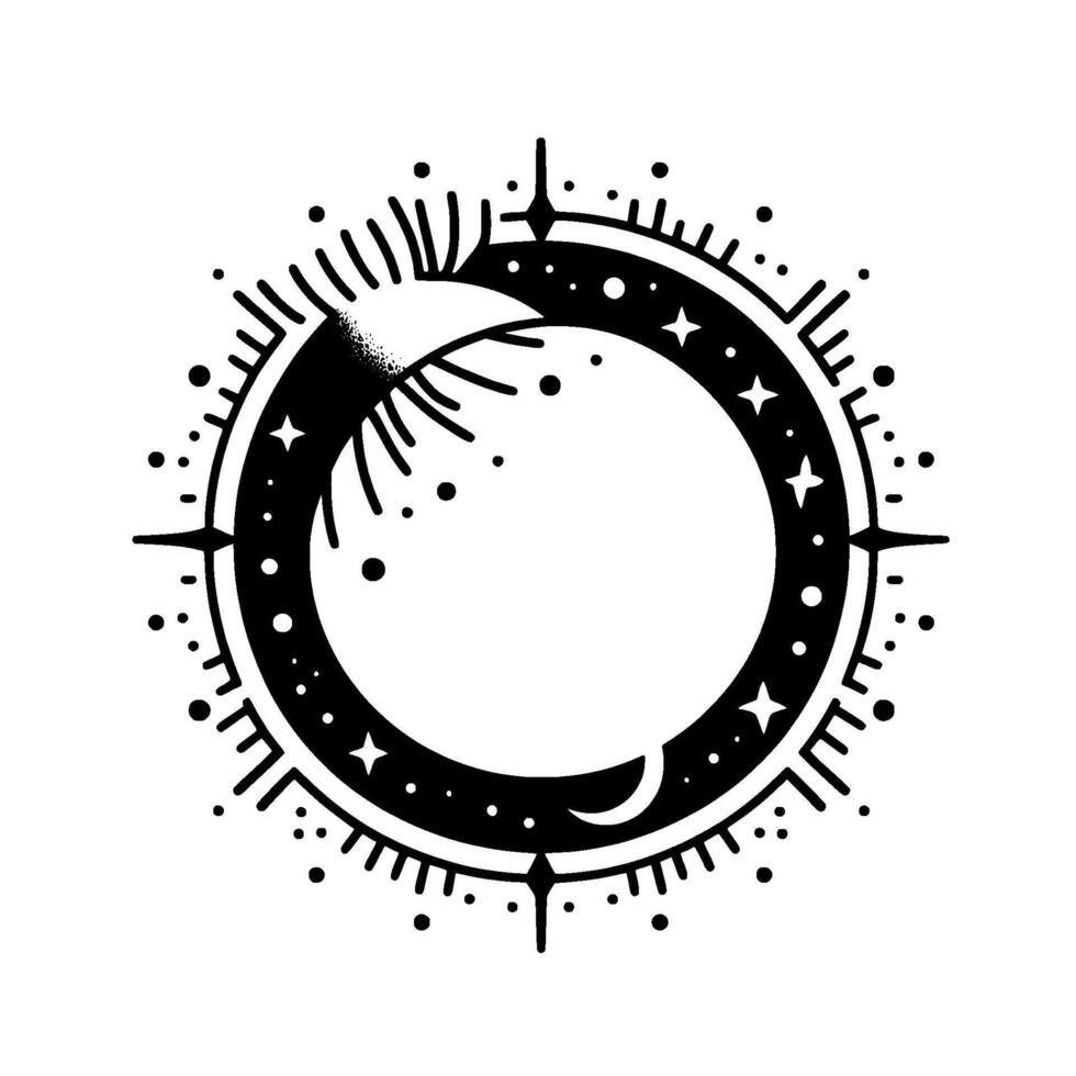 Celestial black white circular illustration crescent moon, sunburst, stars, and compass rose elements vector