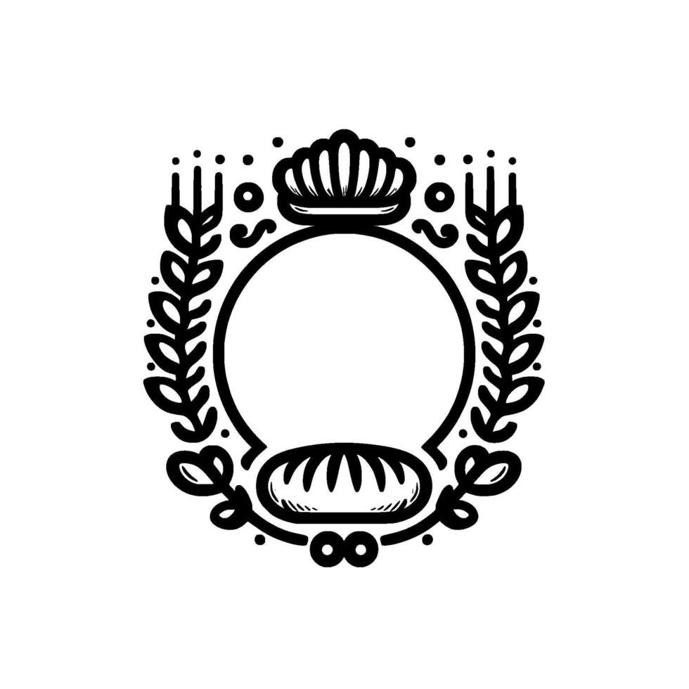 A regal, minimalist bakery emblem featuring a crown, wheat stalks, and a loaf of bread within a circular frame, rendered in elegant black and white. vector