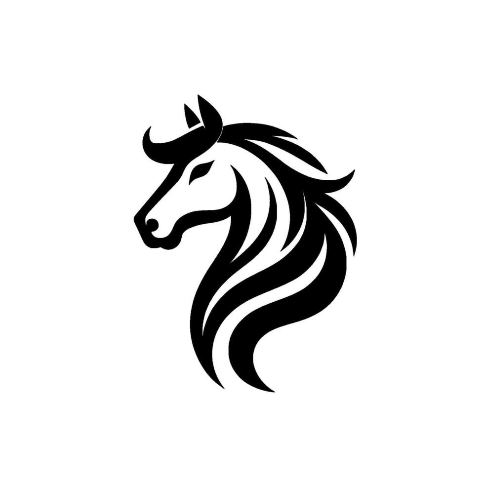 Elegant black and white stylized horse head with flowing mane and subtle details set against a stark white backdrop. vector