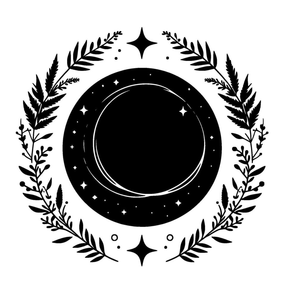 Elegant black white crescent moon surrounded by floral wreath, stars, and diamond accents for mystical and bohemian designs. vector