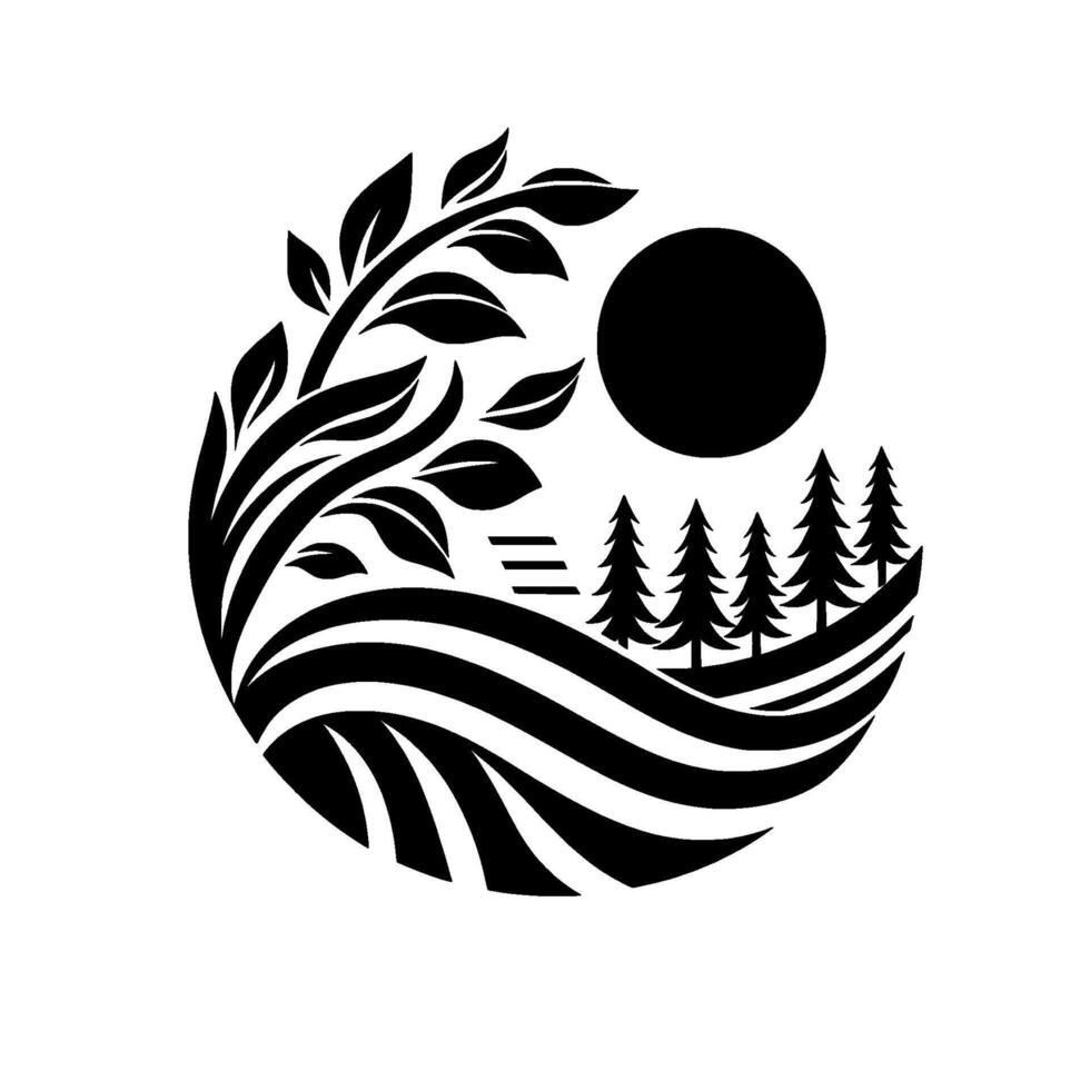 Black and white stylized landscape in a circle, featuring a tree, forest, sun, and rolling hills, symbolic of nature. vector