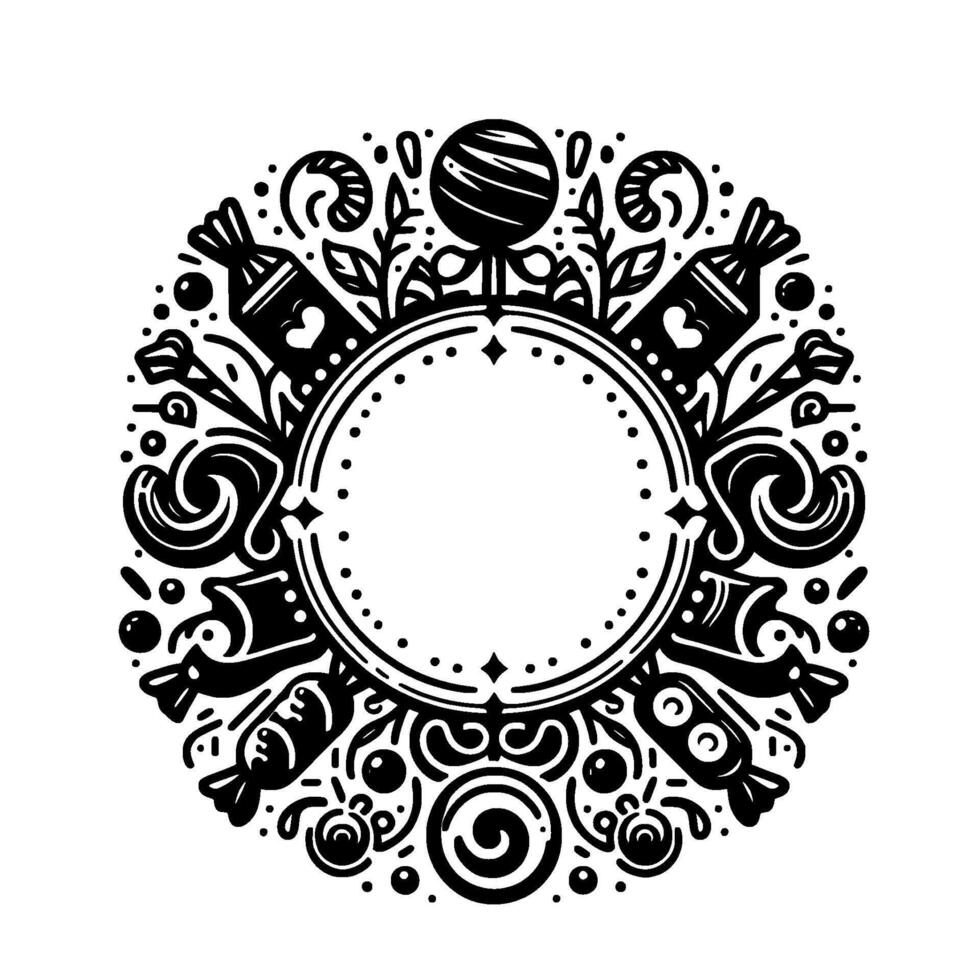 Circular black and white illustration of candy and sweets bordering a blank center, decorative design. vector