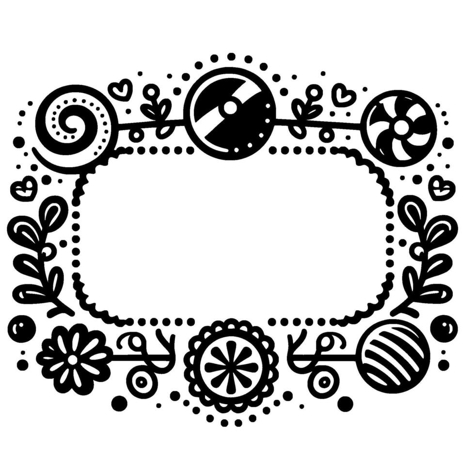Ornate black white decorative frame with floral, geometric, and swirl elements surrounding a central empty rectangle. vector