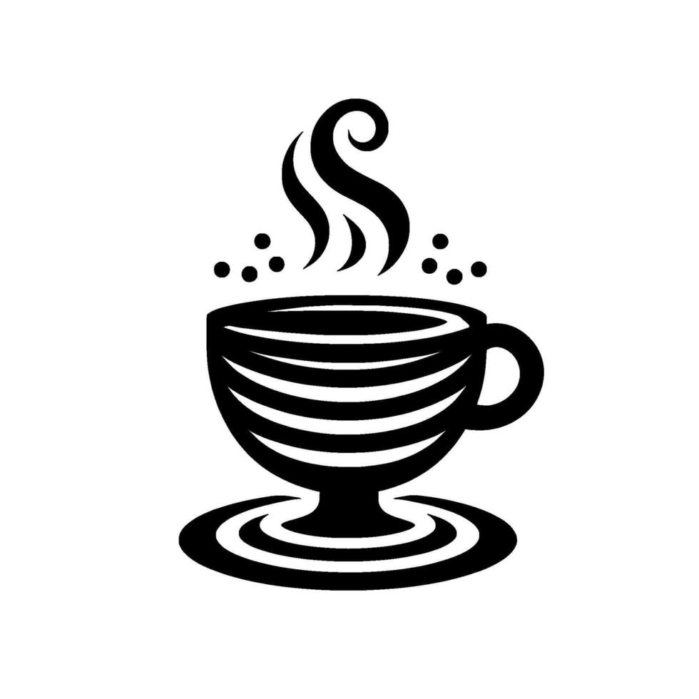 Sleek black and white lineart of a steaming coffee cup with a striped body, saucer, and steam trails. vector