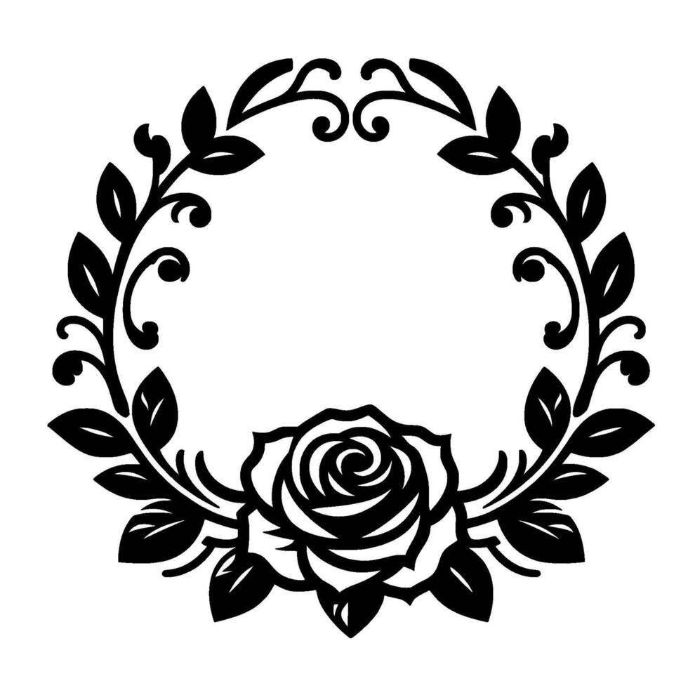 Elegant black and white floral wreath design, featuring a central rose and encircling leaves and scrolls, perfect for wedding invitations and decorative purposes. vector