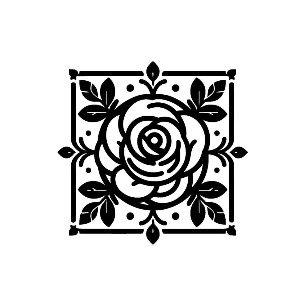 Intricate black and white floral design a stylized rose centered in a square frame with leaf accents. vector
