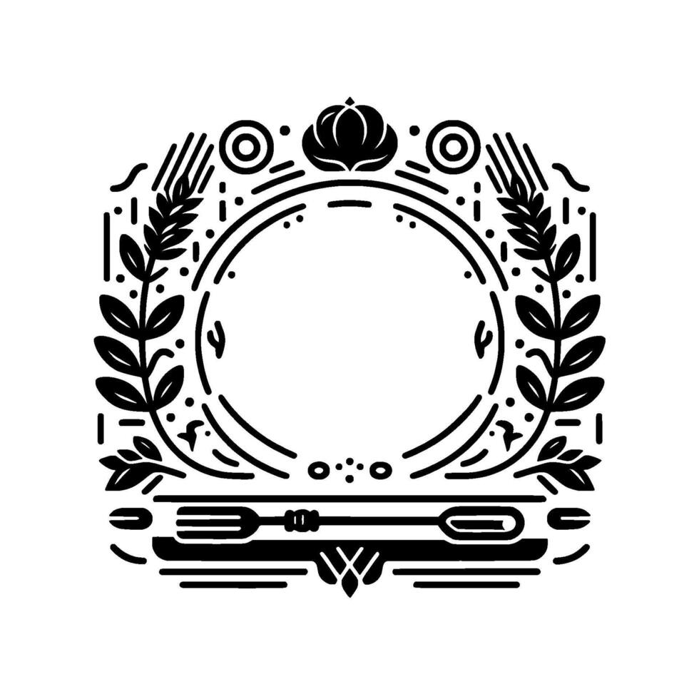 Minimalist black and white kitchen icon a culinary circle with fork, plate, laurel, and pumpkin. vector