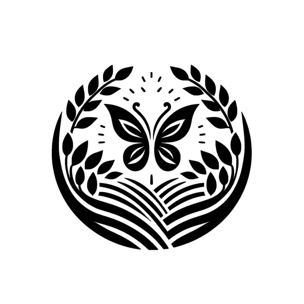 Symbolic black and white round composition featuring a butterfly above fields, encircled by leaves and grain stalks with geometric aesthetics vector