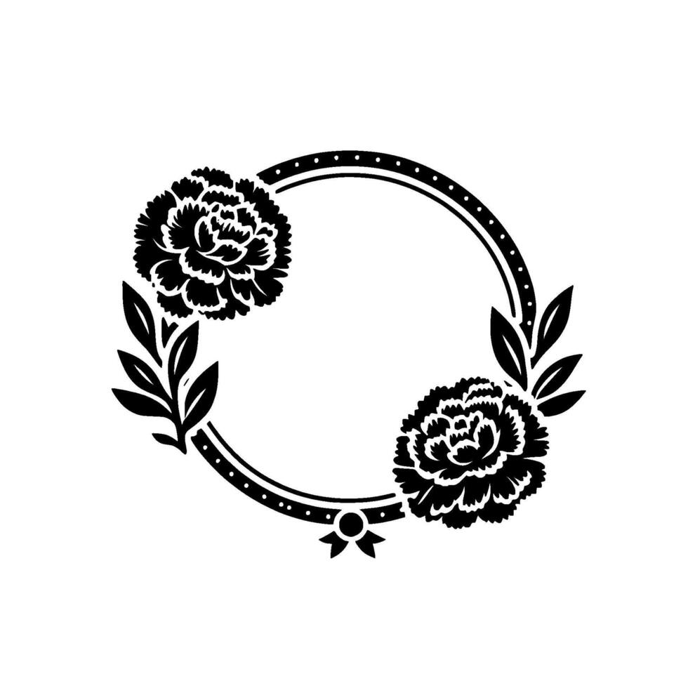 Elegant black and white floral oval frame with detailed carnations, dotted border, and leaf accents, perfect for invitations or elements. vector