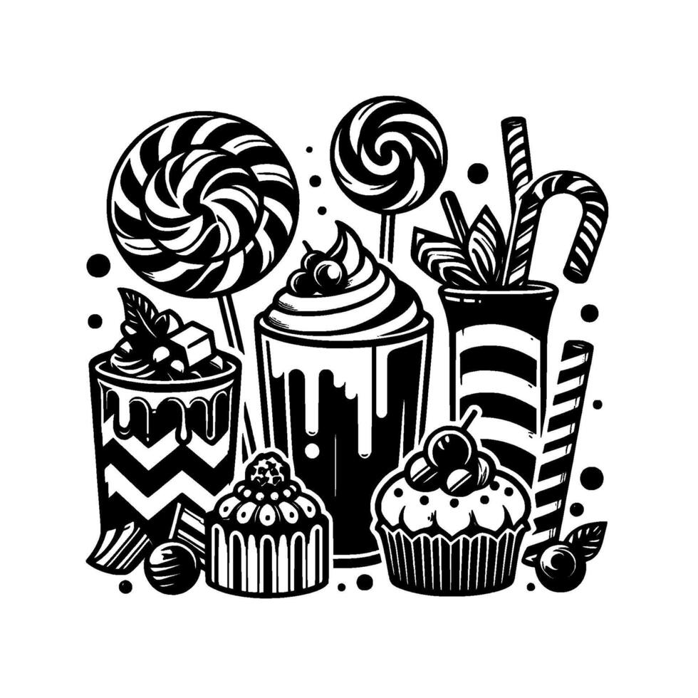 Intricate black and white illustration assortment of sweet treats including lollipops, sundaes, candies and cupcakes, emphasizing designs vector