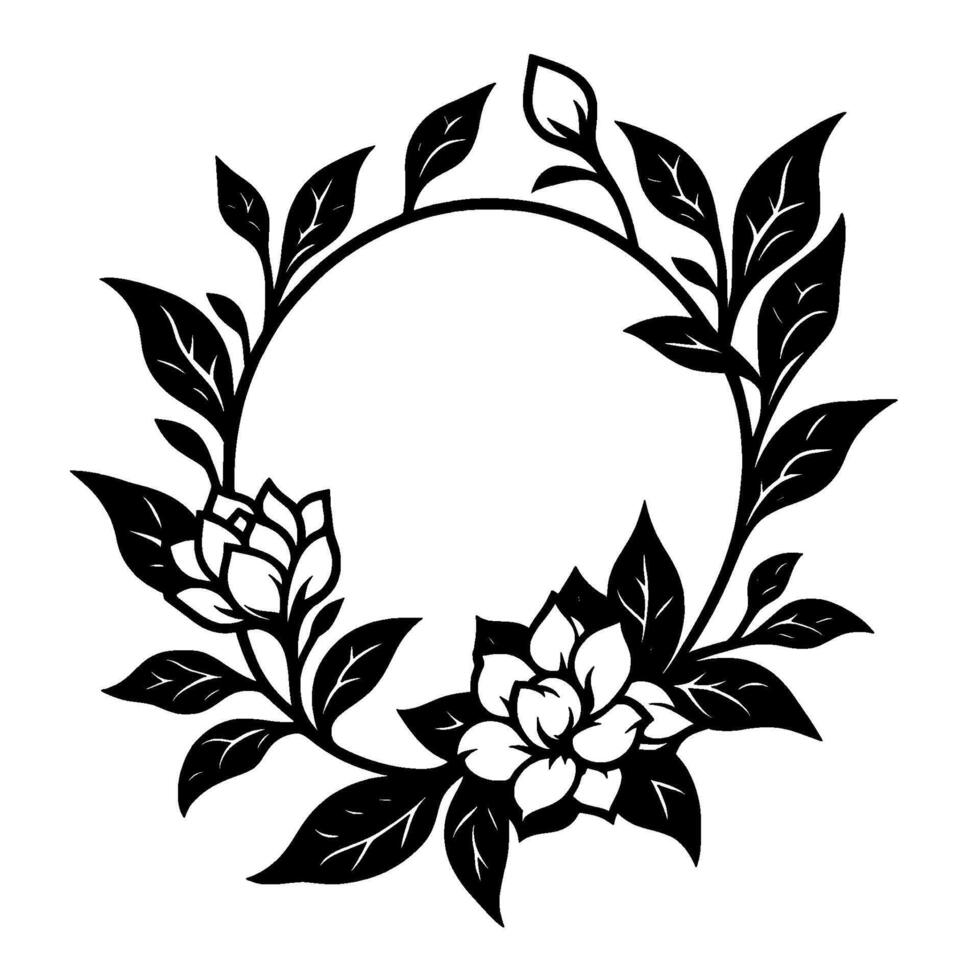 Elegant monochrome floral wreath with magnolia and leaves, forming a circular frame, ideal for decorative elements. vector