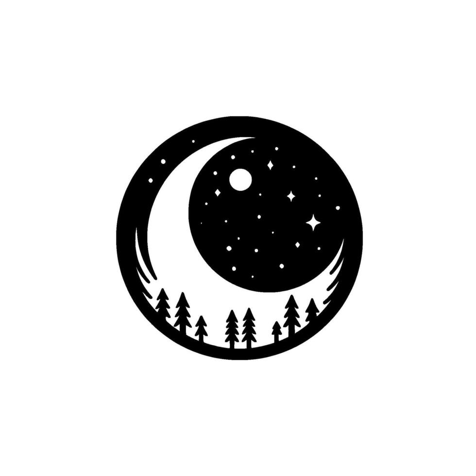 A minimalist black and white circular emblem depicting a crescent moon cradling a starry night sky above a forest. vector