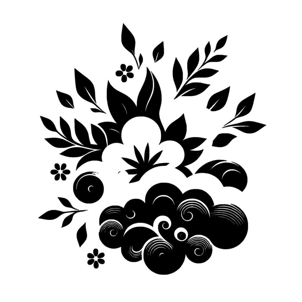 Elegant black and white floral composition with abstract cloud forms, leafy sprigs, and minimalist details. vector